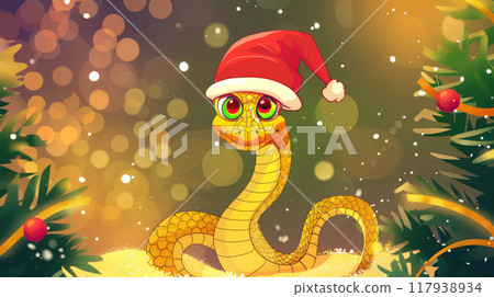 Cartoon snake in santa claus hat with christmas background Cartoon snake in santa claus hat with christmas background 117938934