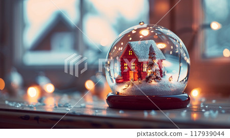 A Small Snow Globe With A red Wooden Cabin And Christmas Lights 117939044