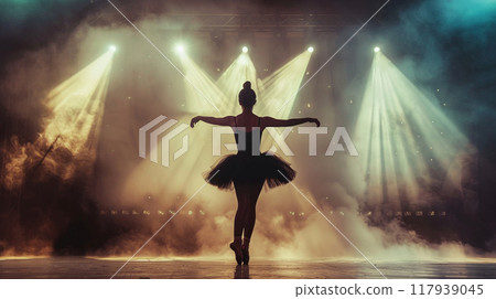 Professional ballerina dancing ballet in spotlights smoke on big stage. Beautiful young girl wearing black tutu dress on floodlights background Professional ballerina dancing ballet in spotlights smoke on big stage. Beautiful young girl wearing black tutu dress on floodlights background 117939045