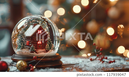 A Small Snow Globe With A red Wooden Cabin And Christmas Lights A Small Snow Globe With A red Wooden Cabin And Christmas Lights 117939047