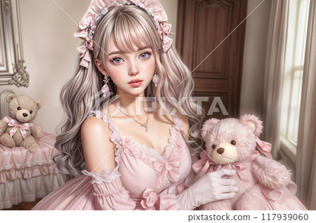 A girl in sweet lolita fashion holding a teddy bear 117939060