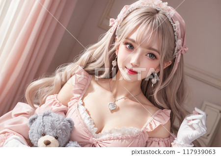 A girl in sweet lolita fashion holding a teddy bear 117939063