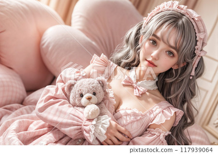 A girl in sweet lolita fashion holding a teddy bear A girl in sweet lolita fashion holding a teddy bear 117939064