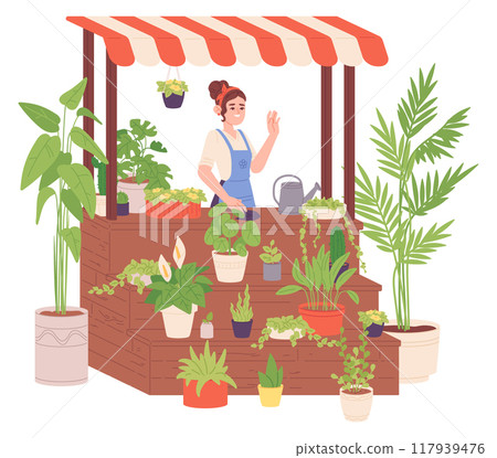 Woman sale houseplants. Market stand with green plants 117939476