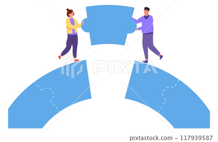 Teammates puzzle piece together. People work on problem 117939587