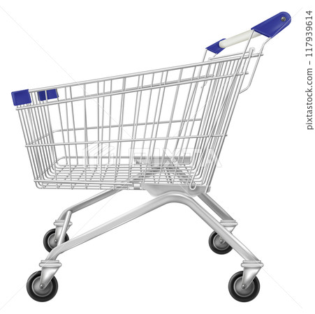 Realistic store cart side view. Supermarket trolley 117939614