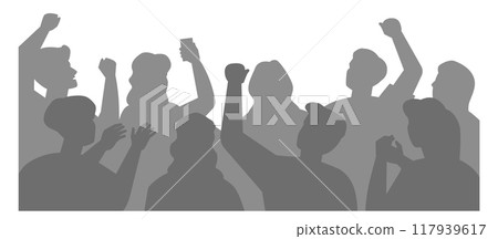 Shouting people silhouettes. Crowd on event. Gathering audience 117939617