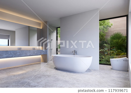 Minimal style modern luxury white bathroom with private garden view 3d render 117939671