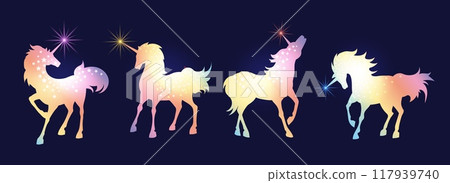 Glowing stars rainbow unicorn silhouettes 117939740