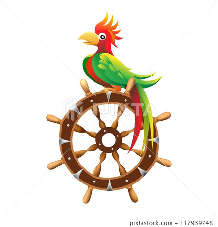 Cartoon parrot on a ship wheel 117939748