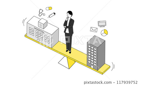 平衡待遇和工作的形象的插圖，一位站在天平上的女商人，向量圖 117939752