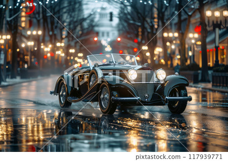 Vintage car smoothly drives down a wet glistening city street adorned with sparkling lights in the evening Vintage car smoothly drives down a wet glistening city street adorned with sparkling lights in the evening 117939771