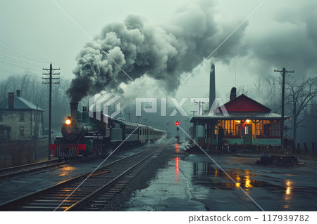 A steam locomotive pulls a train along a railway track at dusk, passing a misty countryside station 117939782