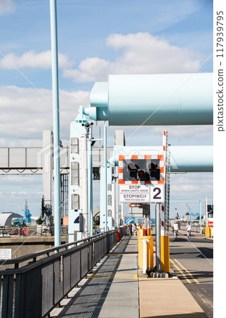Modern Kachidoki Bridge with its large suspension mast and traffic lights, in suburban South Wales 117939795