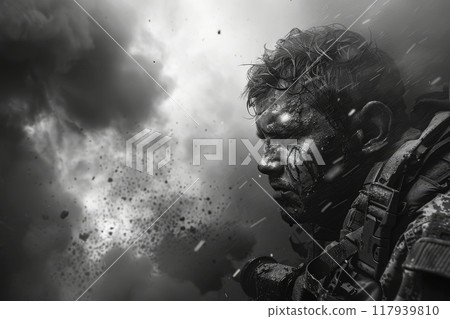 A soldier, bearing visible wounds, stands resolutely as an explosion lights up the battlefield behind him, moment of intense war conflict 117939810