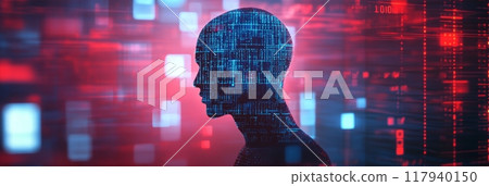 Futuristic digital face with pixelated binary code illustrating cyber security and technology protection. 117940150