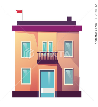 A european style flat vector illustration depicting a traditional two story house with a small balcony multiple windows and a flag on the roof 117940164