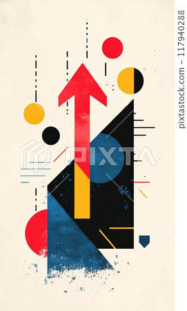 Modern abstract illustration with a large red upward arrow and geometric shapes on a minimalist background. Business growth and progress concept. Modern abstract illustration with a large red upward arrow and geometric shapes on a minimalist background. Business growth and progress concept. 117940288