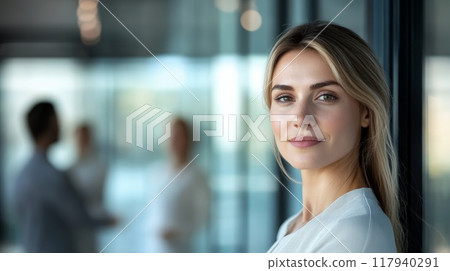 Portrait of a confident businesswoman in a modern office setting with colleagues in the background. Leadership and professional success concept. 117940291