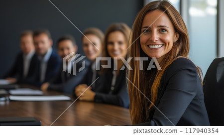 Businesswoman smiling confidently in a meeting with her colleagues in the background. Leadership and teamwork concept in a corporate environment. 117940354
