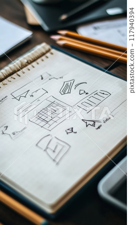 Notebook with sketched business ideas and charts on a desk during a brainstorming session. Creative planning concept. 117940394