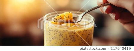 Spoonful of mango chia pudding with mango cubes in a glass jar. Healthy summer dessert with tropical flavors. Spoonful of mango chia pudding with mango cubes in a glass jar. Healthy summer dessert with tropical flavors. 117940419