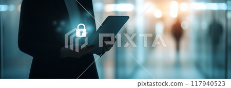 Business professional holding a tablet with a glowing lock icon in a blurred office environment. Concept of digital security and data protection. 117940523