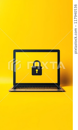 Minimalist laptop with a black padlock icon on a yellow screen against a bright yellow background. Concept of cybersecurity and digital safety. 117940536