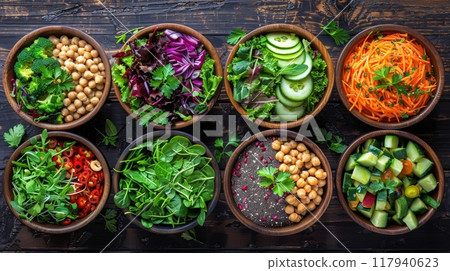 Bowls of fresh food ingredients, fruits and vegetables 117940623