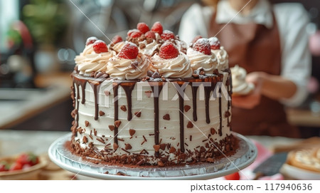 Baking a cake, mixing ingredients, decorating the finished product Baking a cake, mixing ingredients, decorating the finished product 117940636