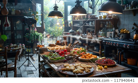 Professional food photography setup with lighting, props, and a beautifully plated dish Professional food photography setup with lighting, props, and a beautifully plated dish 117940641