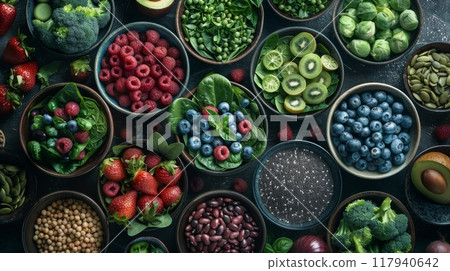 Bowls of fresh food ingredients, fruits and vegetables 117940642