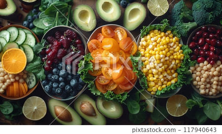 Bowls of fresh food ingredients, fruits and vegetables Bowls of fresh food ingredients, fruits and vegetables 117940643