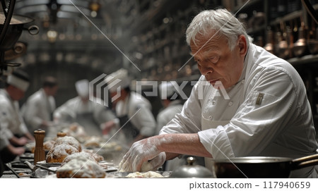 Chef in a bustling kitchen, focused and preparing a gourmet dish with intense concentration Chef in a bustling kitchen, focused and preparing a gourmet dish with intense concentration 117940659