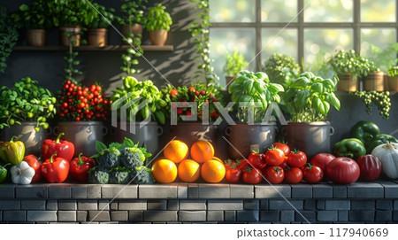Various fresh ingredients neatly arranged on a kitchen countertop, fruits and vegetables Various fresh ingredients neatly arranged on a kitchen countertop, fruits and vegetables 117940669