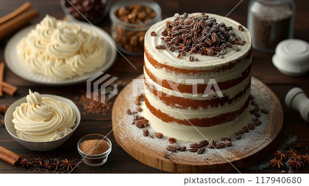 Baking a cake, mixing ingredients, decorating the finished product 117940680