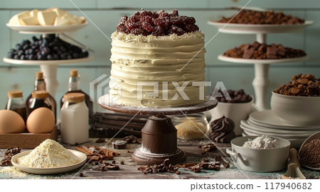 Baking a cake, mixing ingredients, decorating the finished product Baking a cake, mixing ingredients, decorating the finished product 117940682