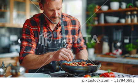 Chef in a bustling kitchen, focused and preparing a gourmet dish with intense concentration 117940692