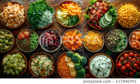 Bowls of fresh food ingredients, fruits and vegetables Bowls of fresh food ingredients, fruits and vegetables 117940701