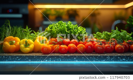 Various fresh ingredients neatly arranged on a kitchen countertop, fruits and vegetables Various fresh ingredients neatly arranged on a kitchen countertop, fruits and vegetables 117940703