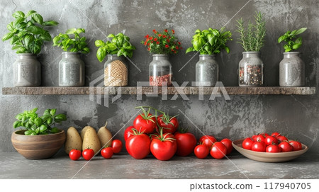 Various fresh ingredients neatly arranged on a kitchen countertop, fruits and vegetables Various fresh ingredients neatly arranged on a kitchen countertop, fruits and vegetables 117940705