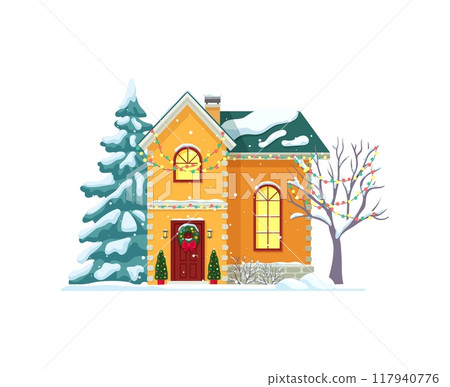 Christmas winter house facade exterior. Isolated vector cottage adorned with twinkling lights, wreath and a snow-draped roof. Cozy windows welcoming the festive spirit with a touch of seasonal magic Christmas winter house facade exterior. Isolated vector cottage adorned with twinkling lights, wreath and a snow-draped roof. Cozy windows welcoming the festive spirit with a touch of seasonal magic 117940776