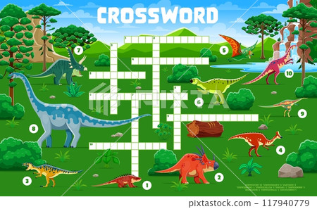 Crossword quiz game grid with prehistoric dinosaurs and cartoon dino, vector worksheet. Kids crossword quiz game to guess Jurassic dinosaurs, giant lizards and reptiles names in prehistoric forest Crossword quiz game grid with prehistoric dinosaurs and cartoon dino, vector worksheet. Kids crossword quiz game to guess Jurassic dinosaurs, giant lizards and reptiles names in prehistoric forest 117940779