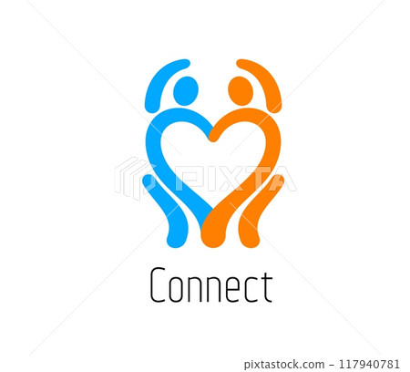 Family and connect people together icon for teamwork or community union, vector symbol. Woman and man in heart of hands connecting family for social community, people together and kids charity symbol 117940781