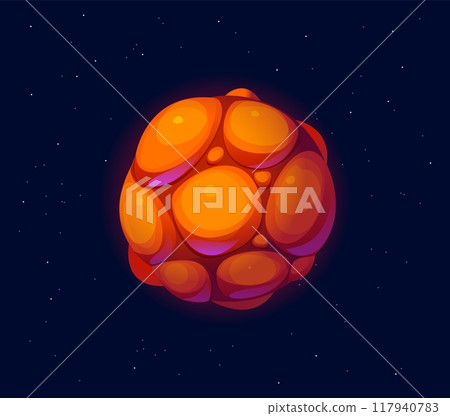 Cartoon fantasy vivid orange galaxy alien space planet covered with bubble-like formations, floating at dark, starry space. Vector otherworldly spherical celestial object emits a warm, ethereal glow Cartoon fantasy vivid orange galaxy alien space planet covered with bubble-like formations, floating at dark, starry space. Vector otherworldly spherical celestial object emits a warm, ethereal glow 117940783
