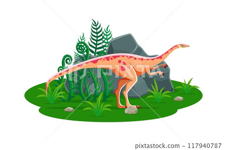 Archaeornithomimus prehistoric dinosaur cartoon paleontology character. Isolated vector Late Cretaceous era lizard. Ancient omnivorous dino reptile animal in natural environment with rocks and plants Archaeornithomimus prehistoric dinosaur cartoon paleontology character. Isolated vector Late Cretaceous era lizard. Ancient omnivorous dino reptile animal in natural environment with rocks and plants 117940787