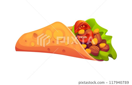 Cartoon shawarma fast food meal. Isolated vector street dr snack, corn pita bread filled with fresh ingredients tomatoes, beans, lettuce and meat pieces. Takeaway cafe appetizing and delicious menu 117940789