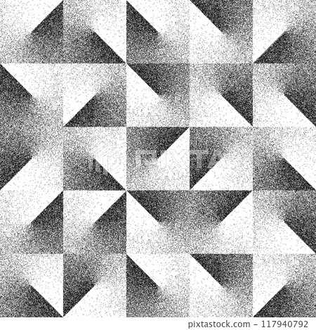 Noise grain texture stipple seamless pattern. Vector abstract geometric background with black and white interlocking triangles, creating optical illusion effect with high-contrast and gritty texture 117940792