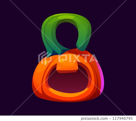Number eight as pumpkin, Halloween font, cartoon evil type, funny scary typeface, spooky alphabet. Number 8 numeral symbol a a ripe orange gourd with green curve stem. Isolated vector typography digit 117940795