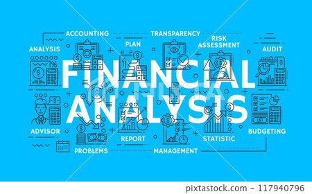 Financial analysis banner with line icons of finance audit, banking and accounting, vector background. Tax revenue and financial statistic charts on money management and budget or payment transparency 117940796